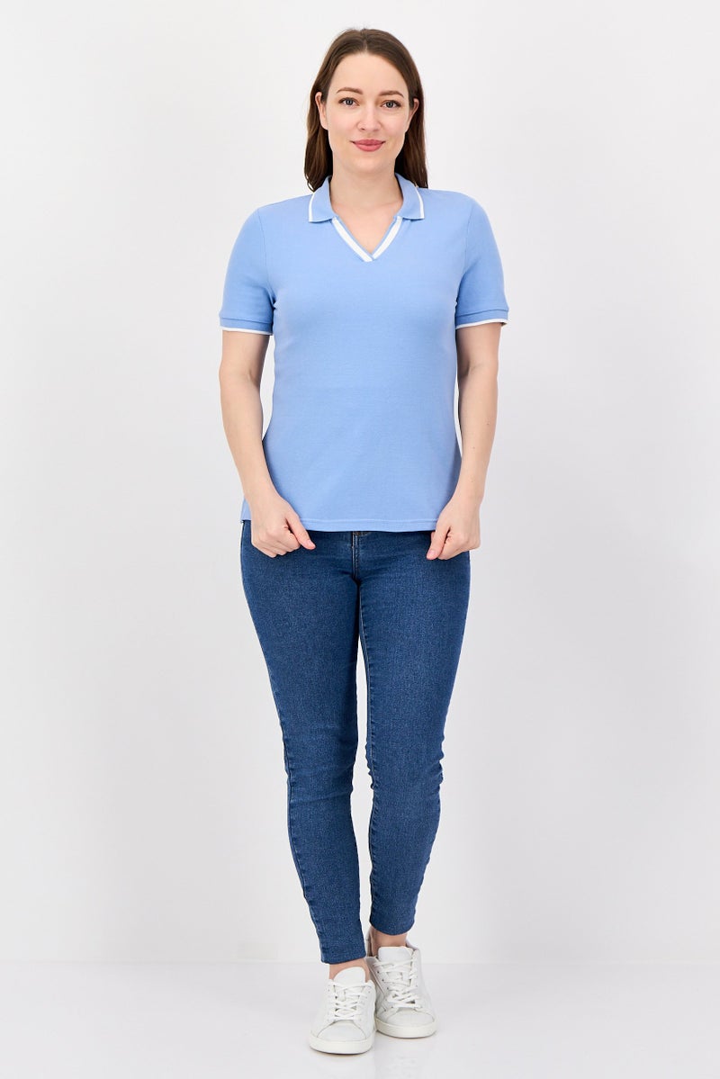 M.S Collection Women V-Neck Short Sleeve Solid Polo Shirt, Blue - Image 4